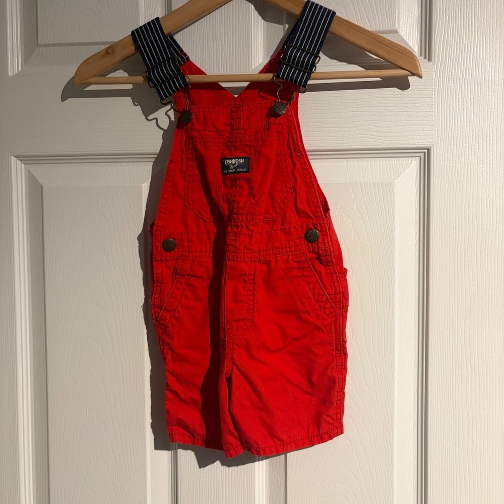 OshKosh Bgosh Toddler Red Cotton Canvas Overalls Striped Straps 2T